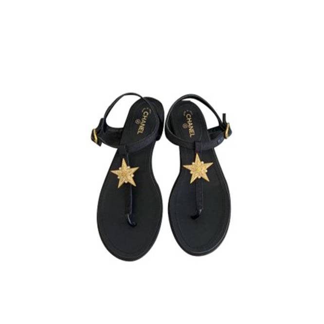 Ch*el leather women’s sandals black gold starlike hardware